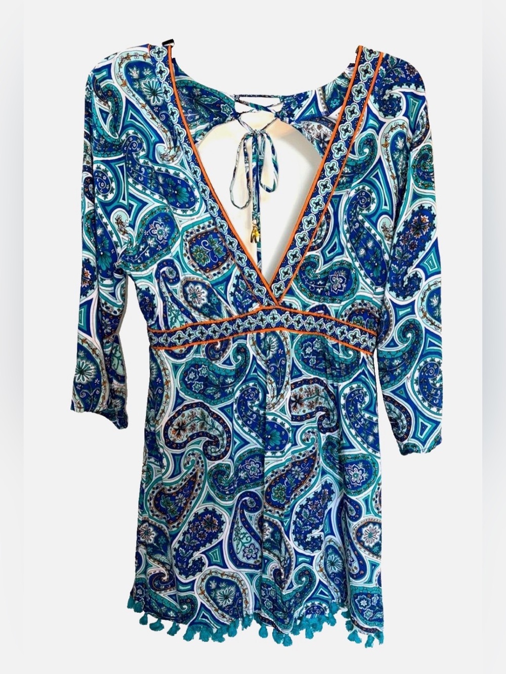 Trina Turk Provence Paisley Swim Cover Up S Blue Tassel Tunic Resort
